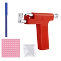 Detail view of professional ear piercing gun kit with silver studs and marking pen - Red Ear Gun Kit (Includes 98 Studs + Ear Plugs) / Red