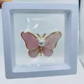 Pink butterfly brooch with pearl center in a protective square jewelry display box - With Display Box / Pink