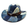 Cappello da cowboy in denim patchwork con cinturino in pelle marrone e stemma toro - M(56-58cm) / Blu scuro