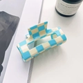 Rectangular hair claw clip featuring a classic blue and white checkered pattern finish - 7.5cm / Blue & Beige Checkerboard