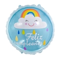 Blue 18 inch round Feliz Cumpleaños balloon with rainbow and smiling cloud pattern - Round Spanish Rainbow Cloud (Blue)