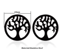 Close-up of 10mm black tree of life stainless steel stud earrings on white background - Tree of Life / Black