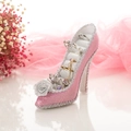 Pink glitter high heel jewelry stand for rings with silver rose and lace detail - Iridescent Pink