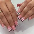 Pink leopard print press-on nails with French tips and 3D bow design for women - Pink Leopard Bow Style (D-207) - Glue Type