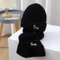 Set cappello e sciarpa in maglia nera per bambini con ricamo a forma di cane - Nero