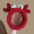 Close-up of a soft red plush headband with a cute crab design for face washing - Headband-Big Red Crab