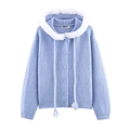 Women's light blue knit hooded cardigan with white faux fur trim and tassels - S / Light Blue