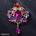 Vintage gold brooch with colorful gemstones and large rose red drop pendant, 6.8x9.5cm - Colorful Crystal Crown