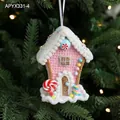 Pink gingerbread house Christmas tree ornament with sugar sprinkles and lollipop details - Gingerbread House Style B