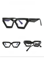 Three-view display of black chunky geometric glasses frames with hexagonal cutting design - Black Frame Clear Lenses