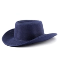 Classic dark blue straw sun hat with flat top and wide upturned brim for outdoor fashion - M (56-58cm) / Navy Blue