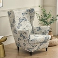 Elastic wingback chair cover with blue butterfly and script patterns on beige fabric - Colorful Butterfly