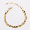 Detailed view of golden flat snake chain necklace with adjustable lobster clasp closure - Striped Fishbone Style / Gold