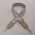 Detail of adjustable beige woven bag strap with silver stripes and gold metal hooks - Khaki Strap With Khaki Leather