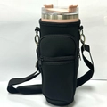 Black neoprene water bottle carrier with adjustable shoulder strap and zipper pocket - Large Cup Sleeve With Pocket Black
