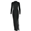 Slim fit black long sleeve maxi dress with mesh panels and sexy high side slit - S / Black