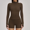 Ensemble de yoga marron foncé pour femme avec veste zippée et short à taille haute - Café Noir