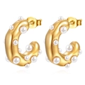 Elegant gold stainless steel C-shape hoop earrings with white pearl accents for women - Gold Pearl