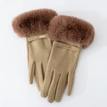 Women's winter khaki velvet gloves featuring warm faux fur cuffs and golden metal buckle - One Size / Khaki