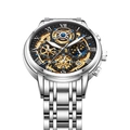 Men's skeleton quartz watch with silver metal strap and Roman numeral moon phase dial - Silver/Black (Steel Strap)