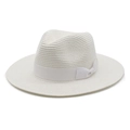 Detail of white woven straw Panama hat featuring elegant matching satin ribbon and bow - M (56-58cm) / White