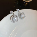 Boucles d'oreilles étoile en argent avec perle pendante et anneau serti de diamants - Style de Bague en Perle Étoile Hexagramme (11#)