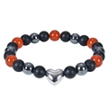 Bracciale in agata nera opaca da 8 mm con accenti arancioni e ciondolo a cuore argento - Bracciale in Agata