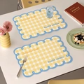 Waterproof leather placemat set featuring yellow checkered pattern and blue scalloped edges - Yellow & Blue (Sunny Happiness)