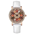 Elegant men's watch with white leather strap and rose gold floral gemstone dial - White