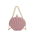 Pink sequin shell clutch bag with pearl handle and golden chain strap for women - Pink