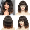 Short wavy Bob wig with bangs in gradient brown ombre style for a natural look - Gradient Brown
