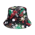 Black bucket hat with tropical floral print and reinforced stitched brim for women - Black Base Red and Green Floral Plant Print (Z)