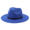 Detailed close-up of Royal Blue Fedora straw hat texture with black ribbon band - M (56-58cm) / Sapphire Blue