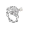 S925 sterling silver floral ring with a white pearl and sparkling diamond accents - Model 017729 / Floral Vine Pearl Style