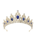 Detailed view of luxury gold crown with pear-shaped blue crystals and clear rhinestones - Gold / Royal Blue Gemstone