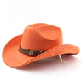 Detail of orange wool felt cowboy hat featuring brown leather band and metal anchor badge - M (56-58cm) / Orange