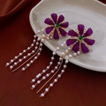 French vintage purple floral earrings with white pearl fringe and gold hardware - Vintage Purple Floral Tassel (73#)