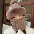 Winter faux fur bucket hat and scarf set in mocha brown thick knit for warmth - Coffee (Korean Twist One-piece)
