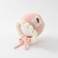 Detail of pink knitted baby hat with white scalloped lace edges and embroidered flower - 50cm 1-2 Years / Pocket Flower-Pink