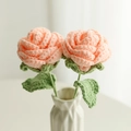 Handmade crochet pink rose bouquet with green leaves in a white vase for gift - Woven Rose (Finished) / Chrysanthemum Pink (Toothed Large Leaf with Wire)