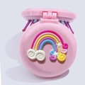Detailed close-up of a pink portable folding mirror brush with 3D rainbow and star decor - Pink Foldable Comb-Rainbow