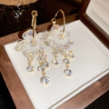 Detail shot of crystal flower tassel earrings with white pearls in a jewelry box - Gold Flower