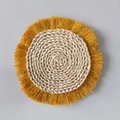 Bohemian round straw wall decor with natural beige center and yellow fringe tassel detail - Yellow Tassel Decorative Mat (26cm)