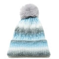 Detail of thick knit gradient beanie with large fluffy grey faux fur pom pom top - M (56-58cm) / Blue White Gray Gradient (F)