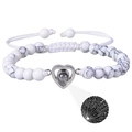 Bracciale di perle in pietra zebra rosa con proiezione a cuore in 100 lingue - Pendaglio a Cuore - Turchese Bianco