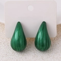 Green water-drop earrings with glossy textured enamel on a jewelry display card - Olive Green
