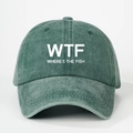Detailed front view of washed cotton baseball cap with white WTF printed lettering - Dark Green