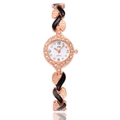 Elegant rose gold and black leaf-shaped quartz watch with rhinestones on white background - Black