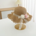 Children's straw sun hat with lace ribbon and 3D floral accents - Hat / Khaki