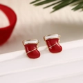 Festive red Christmas stocking stud earrings with golden trim and white accents - Red Sock Studs (EAR0056)